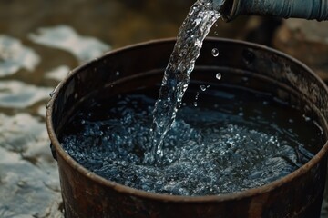 Flowing water from pipe fills bucket near a tranquil water source in nature, Tilt shot in on water coming out of pipe and falling into bucket slow motion