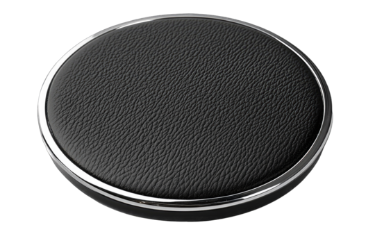 Circular black leather-like wireless charger with metallic edge