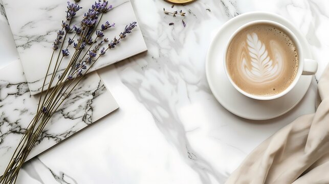 A cup of latte art on a marble surface with dried lavender.
