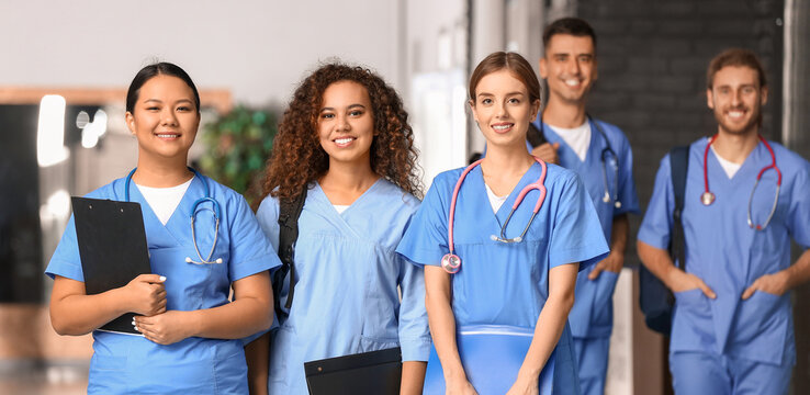 Group of students in corridor of medical university
