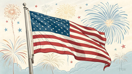 Independence Day USA Illustration – Stars, Stripes, Fireworks, and Festive Icons”