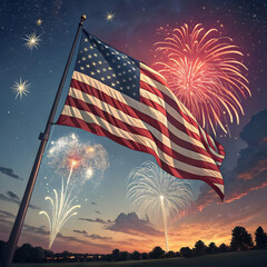 Independence Day USA Illustration – Stars, Stripes, Fireworks, and Festive Icons”