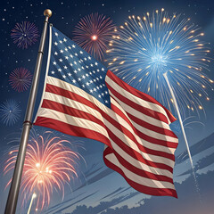Independence Day USA Illustration – Stars, Stripes, Fireworks, and Festive Icons”