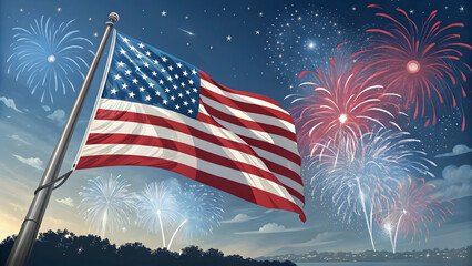 Independence Day USA Illustration – Stars, Stripes, Fireworks, and Festive Icons”