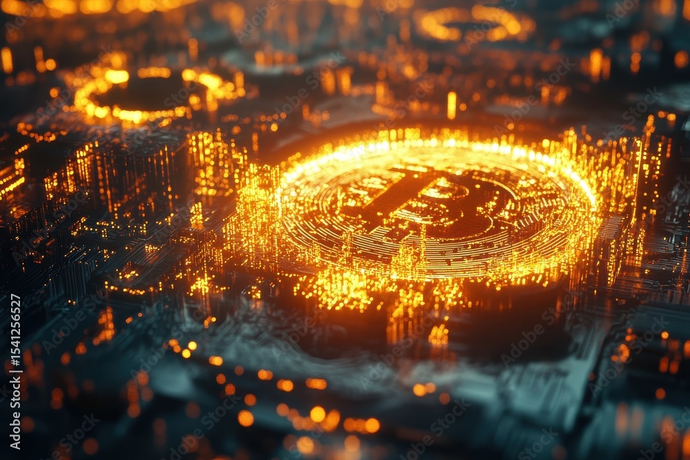 Poster futuristic depiction of a bitcoin symbol surrounded by glowing computer code in a digital landscape,