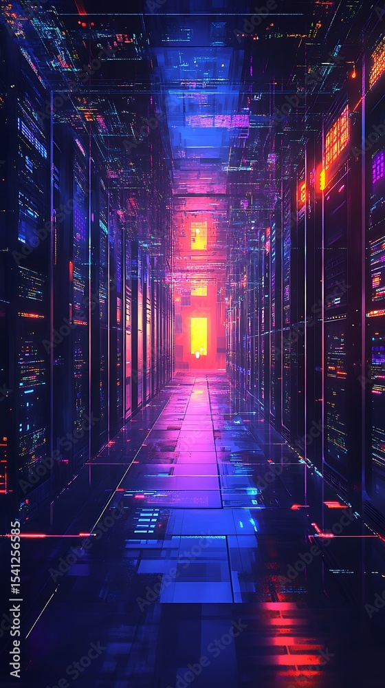 Poster data center interior with glowing lights, futuristic server racks and reflection