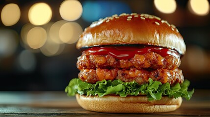 Delicious double meat cheeseburger with fresh lettuce against a stunning blue bokeh background