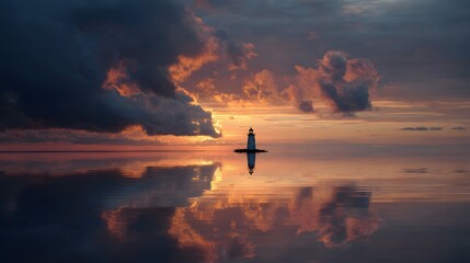Solitary Lighthouse at Sunset Over Calm Sea