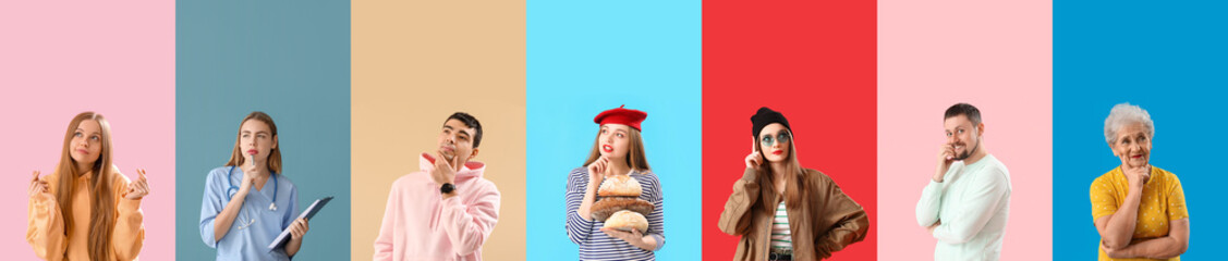 Group of thoughtful people on color background
