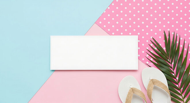 A colorful summer composition on a light background with a blank signboard with a tropical concept, evokes a sense of relaxation, freedom, and joyful experience.