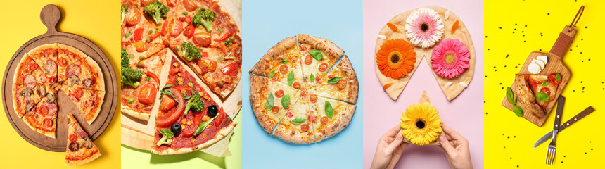 Collage of tasty cut pizzas on color background, top view