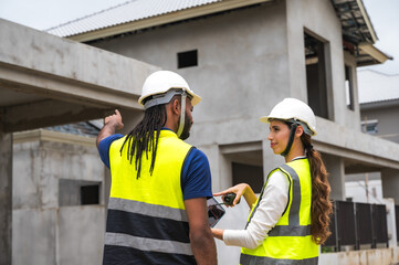 Male site engineer working together with female house inspector in housing project construction site