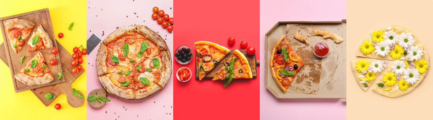 Set of tasty sliced pizzas on color background, top view