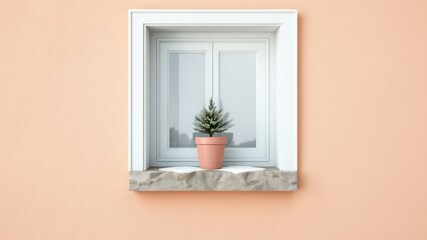 Fototapeta premium Charming Small Potted Evergreen Tree Placed Neatly on a Stone Windowsill Against a Rustic Textured Wall