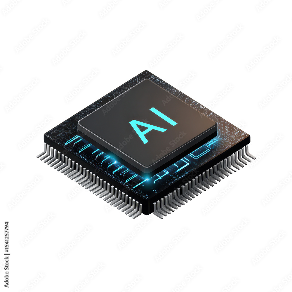 Poster isometric ai microchip icon on transparent png background clean 3d rendering for tech design integra