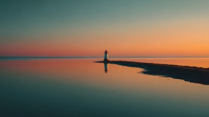 Solitary Lighthouse at Sunset Over Calm Sea
