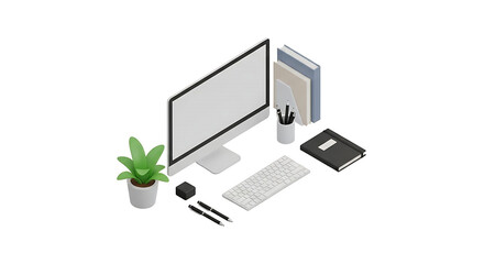 A sleek desktop computer and office supplies are arranged in a minimalist isometric illustration, a modern workstation.