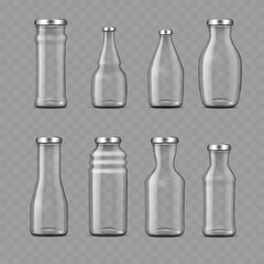 Set of Blank Empty Glass Bottles with Silver Caps .Vector