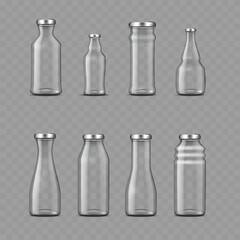 Set of Blank Empty Glass Bottles with Silver Caps .Vector
