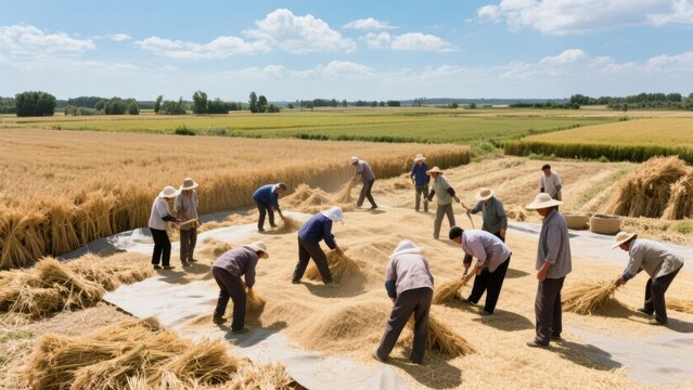 Farmers working together to thresh wheat under a sunny sky