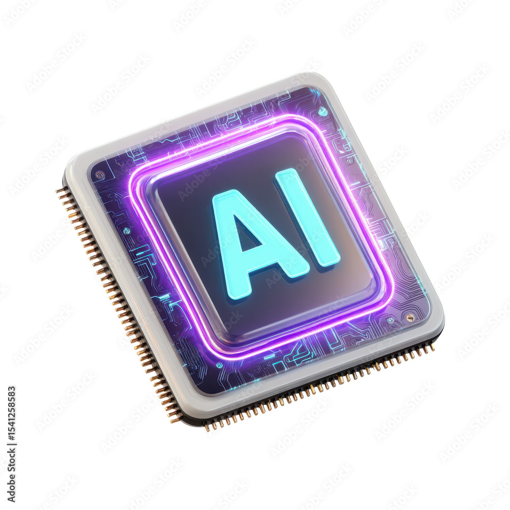 Poster isometric 3d microchip icon in transparent png format featuring ai technology clean design for techn