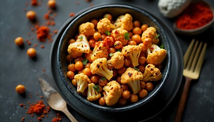 Spicy roasted cauliflower and chickpea bowl