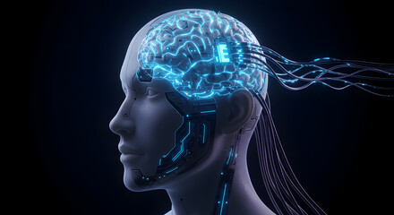 Obraz premium Futuristic Cyborg Head with Illuminated Neural Network