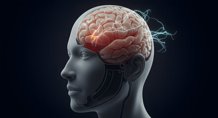 Obraz premium Cybernetic Brain: Humanoid Head with Illuminated Neural Pathways