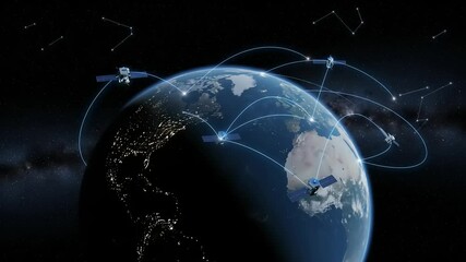Satellite network orbiting Earth with data connections illustrating global communication in space