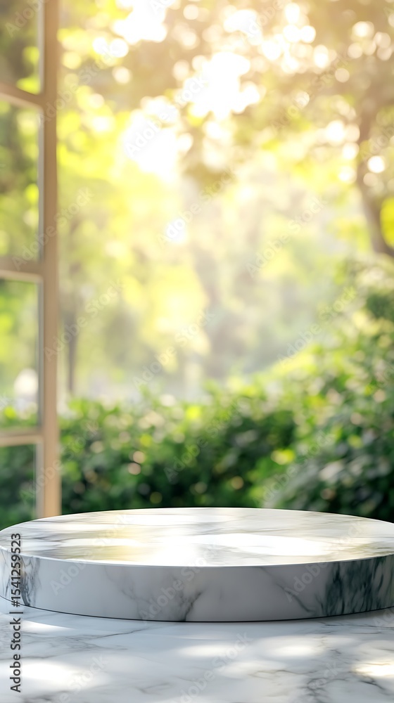 Poster marble round podium stage with bokeh green garden view & window background