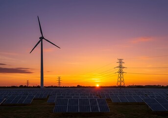 Clean energy concept featuring solar panels, a wind turbine, and a power line tower set against a dramatic sunset, representing sustainable electricity generation.