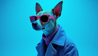 A chihuahua dog wearing a blue blazer, red sunglasses, and standing against a vibrant blue background, 8K, highly detailed, photorealistic, cinematic lighting, hyper-realistic, 3D render
