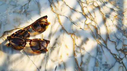 Pair of sunglasses on a marble surface.