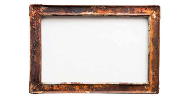 Rusty metal picture frame with aged texture and vintage industrial design isolated on white background