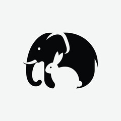 Striking abstract logo featuring an elephant and rabbit in clever negative space. Minimalist black design on white background with bold contrast and clean lines. Perfect for modern branding.