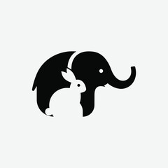 Striking abstract logo featuring an elephant and rabbit in clever negative space. Minimalist black design on white background with bold contrast and clean lines. Perfect for modern branding.