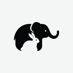 Striking abstract logo featuring an elephant and rabbit in clever negative space. Minimalist black design on white background with bold contrast and clean lines. Perfect for modern branding.