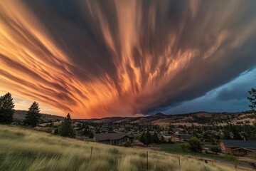 Fototapeta premium Vibrant wispy clouds and stunning sunset colors over serene landscape in time lapse view, Wispy clouds moving in the sunset sky, timelapse from day to night