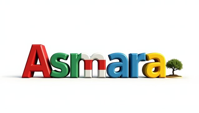 The word "Asmara" in Eritrean flag colors with soft 3D effect and a small olive wreath or cultural detail. Clean vector style on white background.