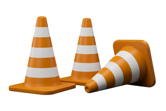 Three orange traffic cones isolated on transparent background