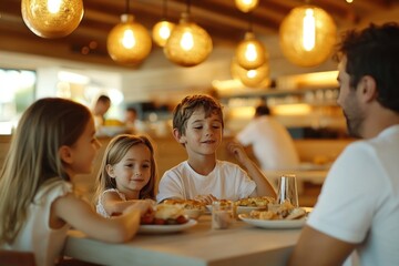 Family enjoying meal together at restaurant table