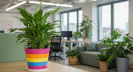 Fototapeta premium Colorful Indoor Plant in Modern Office Environment with Greenery and Natural Light
