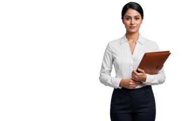 Confident young businesswoman in formal attire holding a leather folder, isolated on transparent background. Professional corporate female employee