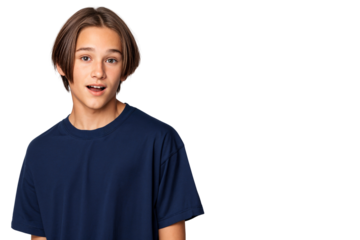 Portrait of a handsome young boy with a surprised expression, wearing a navy blue t-shirt. Isolated on transparent background, good for lifestyle or fashion themes