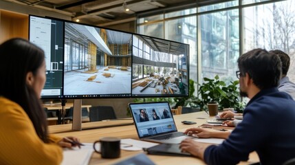 Architects working on project using big screen and laptop in office