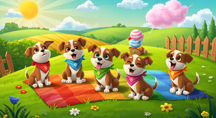 Naklejka premium Cute Cartoon Puppies Having a Picnic on a Sunny Day in a Beautiful Landscape