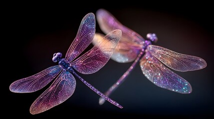 Two Sparkling Dragonflies in Flight, Purple Pink Glitter Wings, Dark Background