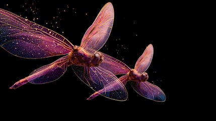 Two Sparkling Dragonflies in Flight, Purple Pink Glitter Wings, Dark Background