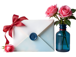 White Envelope with Red Bow and Blue Wax Seal Pink Roses in Teal Glass Vase isolated on a transparent background