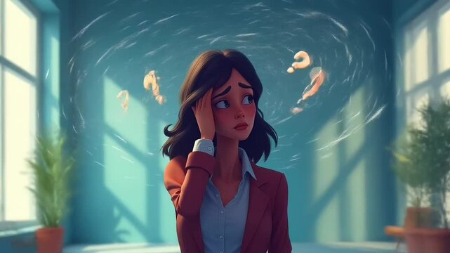 Animated woman feeling confused in office interior
